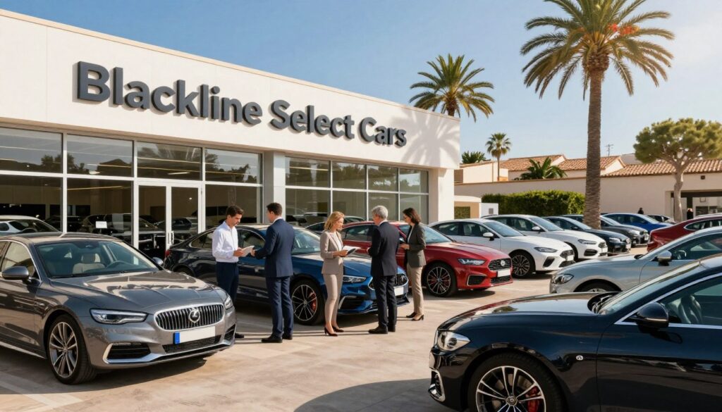 A vibrant car dealership scene in Mallorca, showcasing the facade of "Blackline Select Cars" prominently in the foreground, with a well-organized display of various new and luxury vehicles outside. Bright sunlight illuminates the scene, creating a warm and inviting atmosphere. In the middle ground, a diverse group of professionally dressed customers interact with friendly sales representatives, examining cars and discussing options. The background features palm trees and a clear blue sky, enhancing the picturesque Mallorcan setting. The angle captures a slightly elevated perspective, providing a broad view of the dealership and its surroundings. The overall mood is upbeat and dynamic, reflecting the excitement of buying a car in this beautiful location.