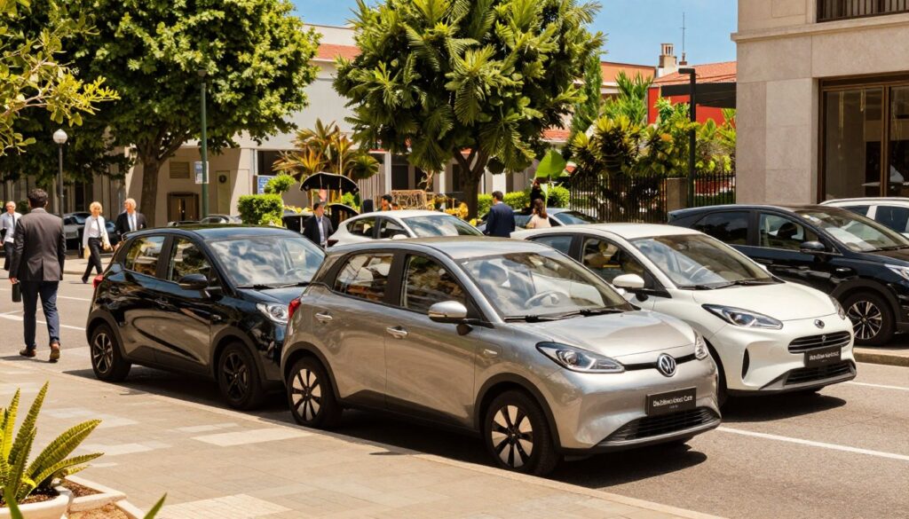 A vibrant city street scene featuring a lineup of reliable compact urban cars from "Blackline Select Cars," emphasizing their practical design and appealing aesthetics. In the foreground, showcase two or three shiny, modern compact vehicles with elegant lines and energy-efficient features, parked neatly along the curb. In the middle ground, depict an inviting streetscape filled with greenery, accentuating a lively urban environment with pedestrians in professional business attire engaged in everyday activities, promoting a sense of reliability and comfort. The background should feature a clear blue sky and contemporary buildings, creating a bright and optimistic atmosphere. Use warm, natural lighting to enhance the scene, captured from a slightly elevated angle to provide a comprehensive view of the cars in their urban setting.