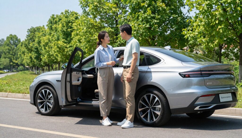 A vibrant scene depicting a used car test drive, focusing on a sleek, well-maintained sedan branded "Blackline Select Cars" parked on a scenic road. In the foreground, a professional-looking couple in modest casual clothing is engaged in discussion, carefully inspecting the vehicle. The middle ground features the open car door, highlighting the spacious interior with leather seats and modern dashboard controls. Lush green trees line the background, hinting at a bright, sunny day with clear blue skies. Soft, natural lighting casts gentle shadows, enhancing the serene atmosphere of the test drive experience. The angle captures both the car and the couple, evoking a sense of excitement and anticipation in the car-buying process. A vibrant scene depicting a used car test drive, focusing on a sleek, well-maintained sedan branded "Blackline Select Cars" parked on a scenic road. In the foreground, a professional-looking couple in modest casual clothing is engaged in discussion, carefully inspecting the vehicle. The middle ground features the open car door, highlighting the spacious interior with leather seats and modern dashboard controls. Lush green trees line the background, hinting at a bright, sunny day with clear blue skies. Soft, natural lighting casts gentle shadows, enhancing the serene atmosphere of the test drive experience. The angle captures both the car and the couple, evoking a sense of excitement and anticipation in the car-buying process.