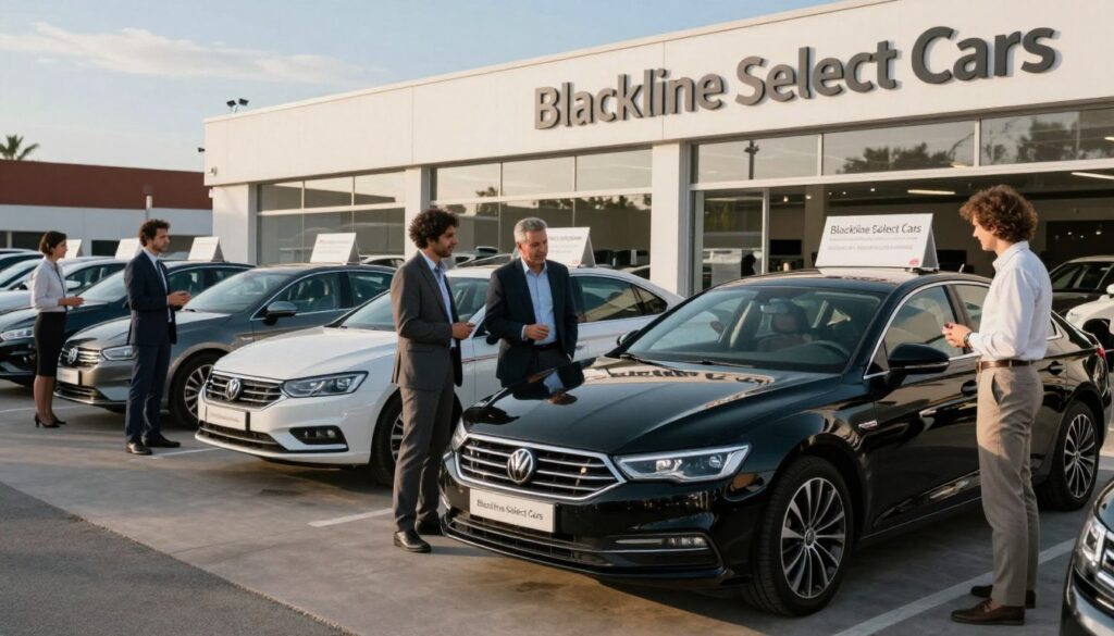 A vibrant scene showcasing a modern car dealership set in Spain, emphasizing the recommended channels for buying a used car. In the foreground, a diverse group of professional customers wearing smart business attire examines a sparkling, recently polished black sedan from "Blackline Select Cars." In the middle ground, well-organized rows of used cars are displayed, each with appealing pricing signs. The background features a welcoming dealership building with large windows and a blue sky overhead, enhancing the inviting atmosphere. Soft, natural lighting casts a warm glow over the scene, creating a sense of trust and reliability. The overall mood is positive and professional, conveying a safe and secure environment for purchasing a used car.