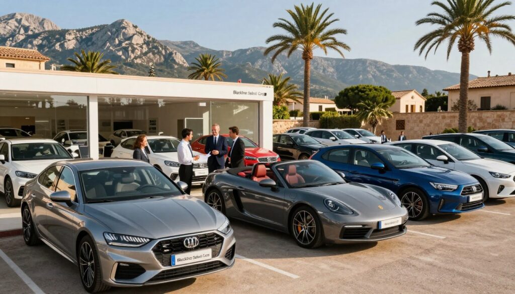 A vibrant scene showcasing diverse types of vehicles available in Mallorca, featuring new, semi-new, and used cars. In the foreground, several stylish cars from different angles, including a sleek sedan, a sporty convertible, and a compact hatchback, all branded with "Blackline Select Cars" logos. The middle ground includes an inviting dealership setting with cheerful employees dressed in professional business attire, engaging with customers. In the background, the picturesque Mallorca landscape with palm trees, mountains, and a clear blue sky, bathed in warm, natural sunlight. The image captures a friendly and welcoming atmosphere, ideal for potential car buyers, using a wide-angle lens to emphasize the variety of vehicles.