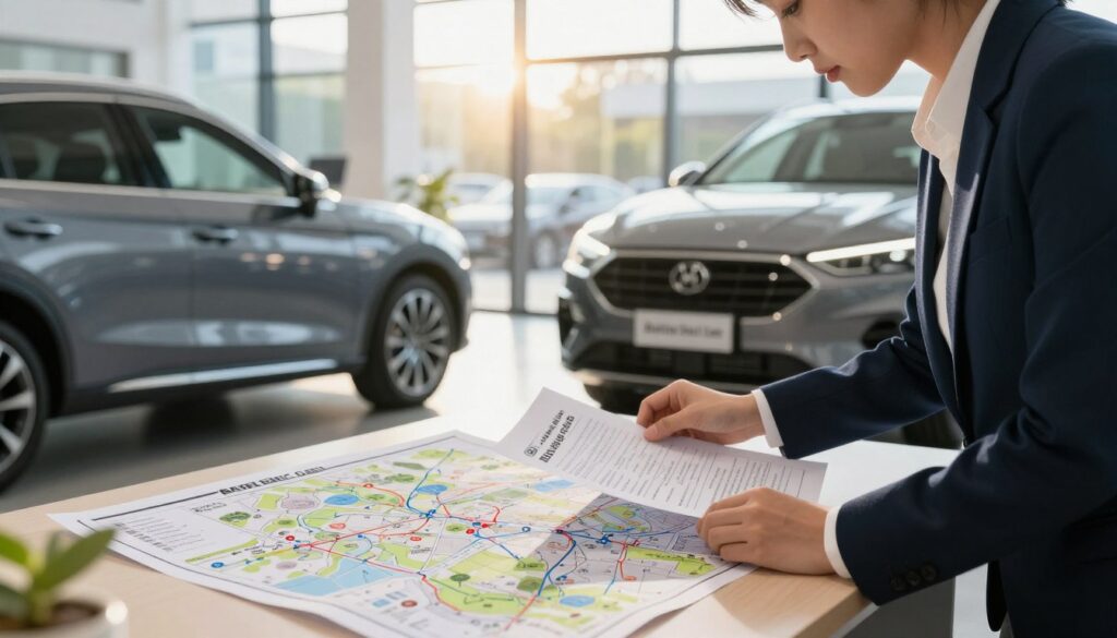 A vibrant scene showcasing the complexities and opportunities of importing foreign cars. In the foreground, a professional-looking individual in smart business attire examines a sleek, modern car with a 'Blackline Select Cars' logo, symbolizing high-quality choices. In the middle ground, a map and paperwork are spread out on a table, representing the logistical considerations and details involved in the importing process. The background features an open, airy office with large windows, sunlight streaming in to create a warm and inviting atmosphere. Soft focus on the outside shows a bustling city street, hinting at global connections. Shot at an eye level angle, capturing both the subject's focus and the surrounding elements, evoking a mood of informed decision-making amidst excitement and complexity.
