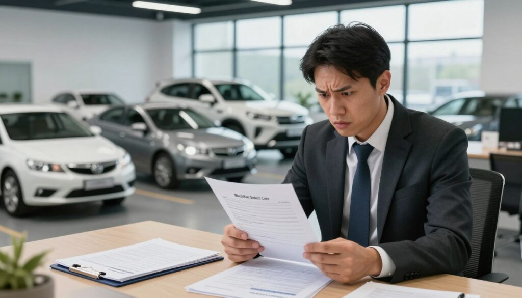 A visual representation of a professional setting showcasing the complexities of car import errors. In the foreground, a frustrated auto importer in business attire examines a document with a puzzled expression, surrounded by paperwork and car importation forms. In the middle layer, several cars from different angles represent a diverse selection of vehicles, emphasizing the import process. The background should feature a modern office environment with large windows, allowing natural light to illuminate the scene. The atmosphere conveys a sense of urgency and tension, highlighting the potential pitfalls in car importing. The brand "Blackline Select Cars" should be subtly integrated into an office branding element like a sign or folder. Soft lighting and a slightly angled camera perspective enhance the mood of realism and professionalism.