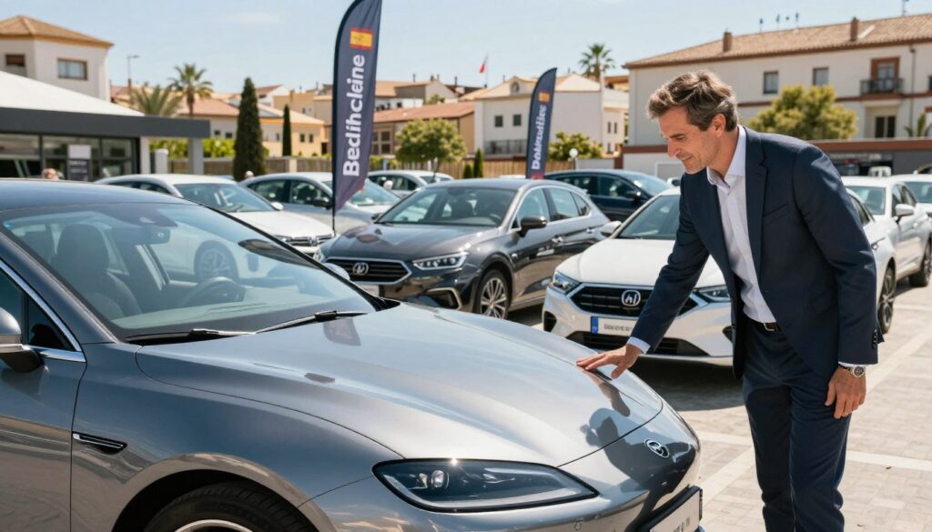 A visually compelling comparison between importing cars and purchasing them from the Spanish market. In the foreground, a sleek, modern car representative of imported vehicles with a shiny finish and elegant design. On one side, a friendly professional in business attire examines the car with interest. In the middle ground, show a traditional Spanish car dealership featuring various cars and promotional banners. The background features a sunlit urban landscape of a Spanish city, illustrating the local atmosphere. Utilize bright, natural lighting to give the scene a vibrant, optimistic feel. Capture the essence of each option in a balanced composition, emphasizing the advantages of importing vs. buying locally. Include the brand name "Blackline Select Cars" subtly integrated into the scene through vehicle branding.