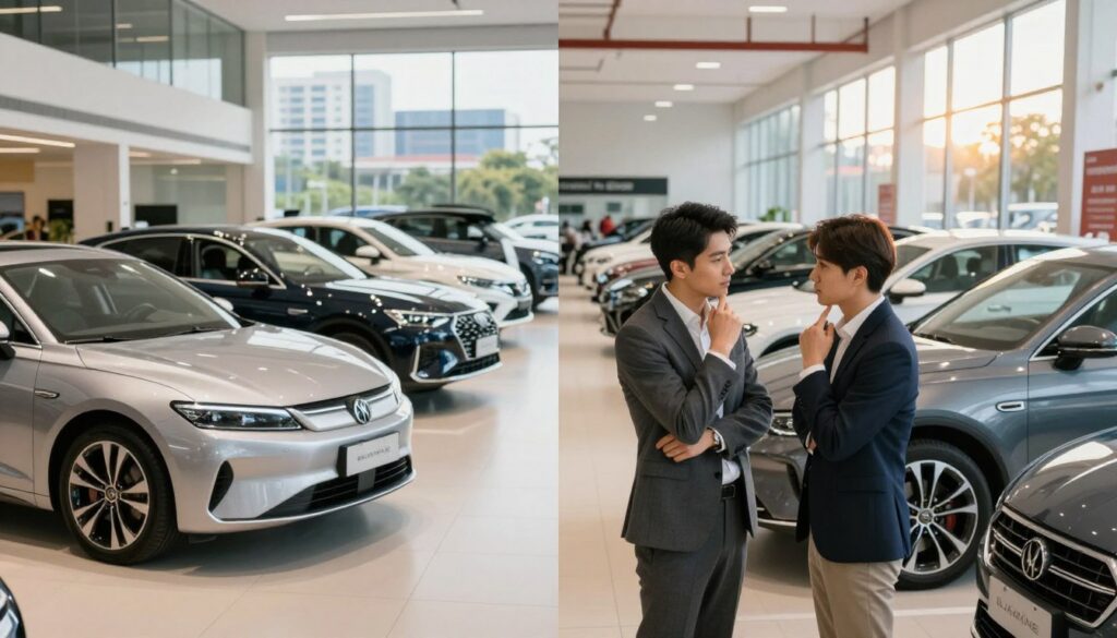 A visually compelling comparison of importing a car versus buying locally, featuring a split scene. On the left, an elegant showroom of Blackline Select Cars showcasing imported vehicles with sleek, modern designs, bright lighting highlighting their features. On the right, a bustling local car dealership with a variety of national models under warm, inviting natural light that emphasizes affordability and accessibility. In the foreground, a thoughtful consumer examines a car on each side, dressed in professional business attire, conveying a sense of decision-making. The background should blend seamlessly, with urban landscapes hinting at international distances on the left and local scenery on the right, creating a sense of contrast in choice and value.