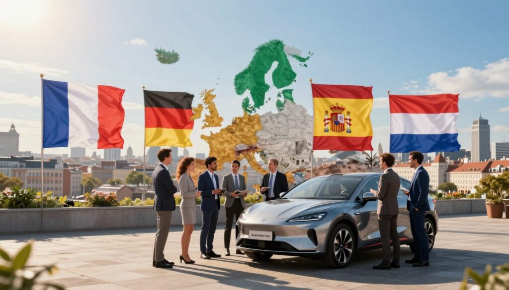 A visually compelling image capturing a comparative analysis of the best countries in Europe for buying cars. In the foreground, a diverse group of professionals in stylish business attire stands around a sleek, modern car from "Blackline Select Cars," discussing options. In the middle ground, five iconic European landmarks represent France, Germany, Italy, Spain, and the Netherlands, subtly blended to signify their car markets. The background features a panoramic view of a bustling European cityscape, with clear blue skies and sunlight casting sharp shadows. The mood should convey excitement and collaboration, with warm, inviting lighting highlighting the car and professionals. Use a wide-angle lens to capture the essence of team dynamics and the vibrant city life around them. The scene should be dynamic and engaging, perfect to illustrate the comparative advantages of buying cars across Europe.
