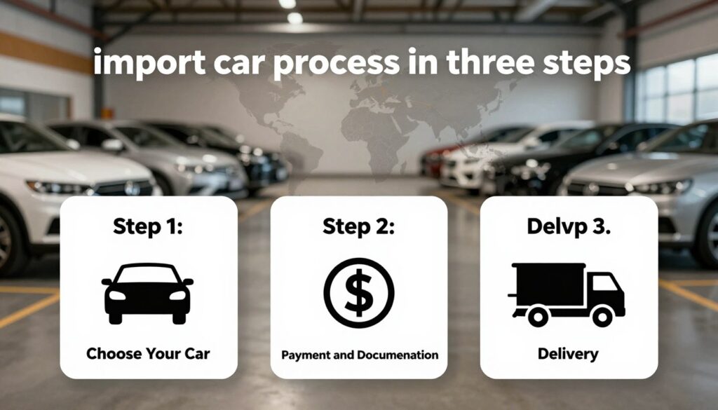 A visually engaging infographic illustrating the "import car process in three steps" for Blackline Select Cars. In the foreground, feature three distinct panels labeled "Step 1: Choose Your Car," "Step 2: Payment and Documentation," and "Step 3: Delivery." Each panel should include relevant icons: a car silhouette, a dollar sign, and a delivery truck. The middle ground should showcase a subtle, stylized map or globe highlighting international trade routes, symbolizing the import journey. In the background, include a soft-focus warehouse or showroom environment with cars neatly displayed, creating a professional ambiance. The lighting is bright and inviting, capturing a sense of efficiency and reliability, with a slight vignette effect to focus attention on the panels. The atmosphere should convey trust and expertise in automobile imports.