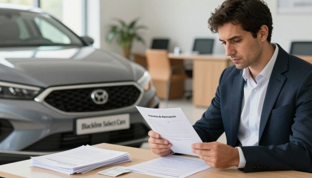 A visually engaging scene depicting the concept of vehicle registration taxes in Spain. In the foreground, a professional-looking man in modest business attire examines a document labeled "Impuestos de Matriculación" with a serious expression. Beside him, a sleek, modern car with the brand name "Blackline Select Cars" prominently displayed, symbolizing the vehicle being imported. In the middle ground, a desk stacked with papers, including tax forms and payment receipts, creating a sense of urgency. The background features a softly blurred view of an office with a warm, professional ambiance, illuminated by natural light coming through a window. The overall mood is focused and informative, capturing the essence of fiscal procedures related to vehicle registration.