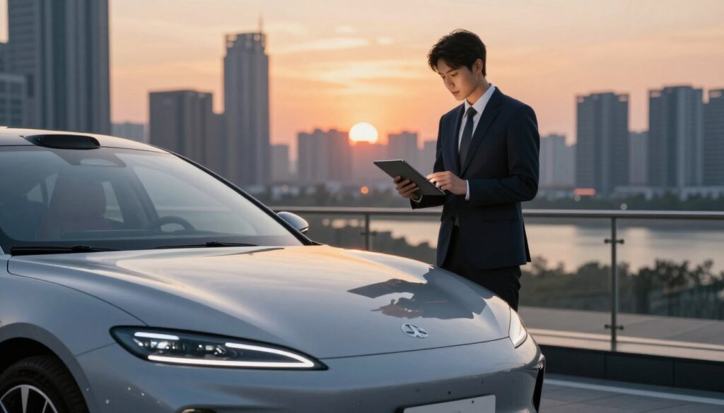 A visually engaging scene focused on intelligent car investment strategies, featuring a sleek, modern luxury car prominently in the foreground, showcasing its elegant curves and detailing. In the middle ground, a professional figure in business attire, holding a tablet and analyzing car market trends, stands next to the car, radiating confidence and expertise. In the background, a vibrant cityscape at sunset reflects the potential of the automotive market, with soft lighting that creates a warm, inviting atmosphere. The mood is optimistic and sophisticated, highlighting the essence of smart investments in automobiles. Include the brand name "Blackline Select Cars" subtly integrated into the car’s design or as part of the environment, reinforcing the theme of luxury investment. A visually engaging scene focused on intelligent car investment strategies, featuring a sleek, modern luxury car prominently in the foreground, showcasing its elegant curves and detailing. In the middle ground, a professional figure in business attire, holding a tablet and analyzing car market trends, stands next to the car, radiating confidence and expertise. In the background, a vibrant cityscape at sunset reflects the potential of the automotive market, with soft lighting that creates a warm, inviting atmosphere. The mood is optimistic and sophisticated, highlighting the essence of smart investments in automobiles. Include the brand name "Blackline Select Cars" subtly integrated into the car’s design or as part of the environment, reinforcing the theme of luxury investment.