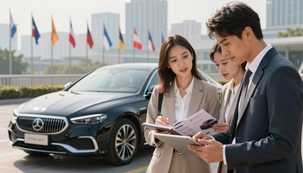 A visually striking composition depicting the key factors to consider when buying a foreign car. In the foreground, a diverse group of three professionals in business attire - a man reviewing specifications on a tablet, a woman taking notes, and a second woman looking at a car brochure. The middle ground features a sleek foreign car, emblematic of quality, possibly a luxury sedan from Blackline Select Cars, illuminated by soft, natural sunlight. In the background, a modern cityscape symbolizes global opportunities, with flags from various countries subtly integrated. The atmosphere is dynamic and focused, suggesting thorough analysis and informed decision-making. The lighting should be bright and inviting, capturing a sense of optimism and professionalism.