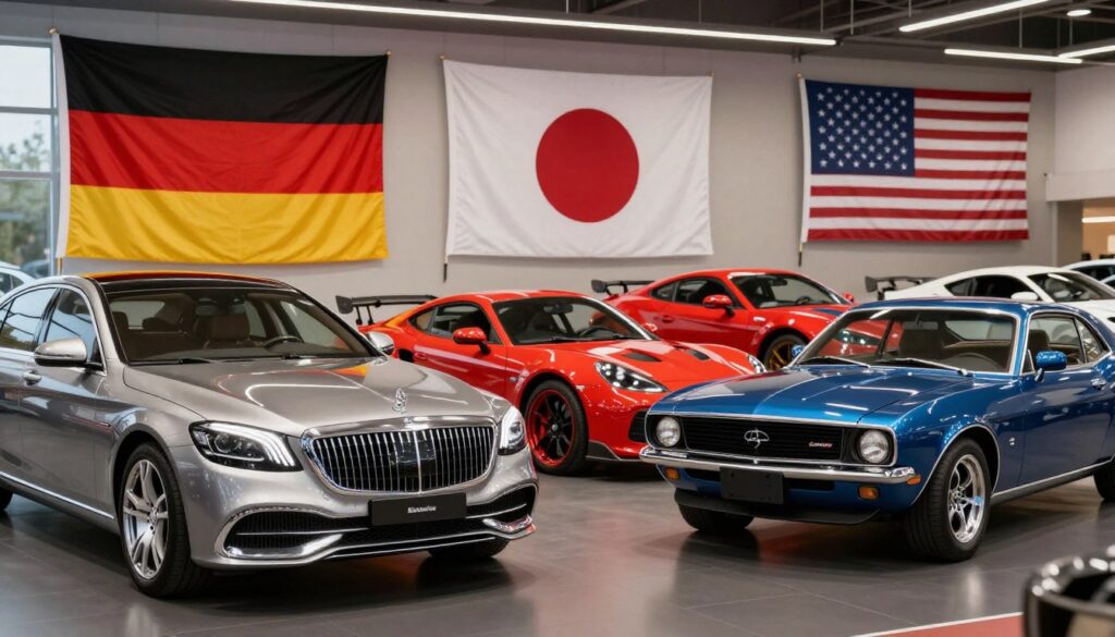 A visually striking illustration of popular car import countries showcasing beautifully designed cars from different nations, prominently featuring models such as a sleek German luxury sedan, a vibrant Japanese sports car, and a classic American muscle car. In the foreground, display the distinctive features of these cars, with reflections and details reflecting quality craftsmanship. In the middle ground, include subtle elements like flags or landmarks that represent Germany, Japan, and the USA to emphasize their importance in the car import market. The background can feature a serene automotive showroom setting with soft lighting, creating an inviting atmosphere. Capture this scene with a slight low-angle perspective to highlight the cars' allure while ensuring that the image does not contain any text. Include the brand "Blackline Select Cars" subtly incorporated into the showroom design.