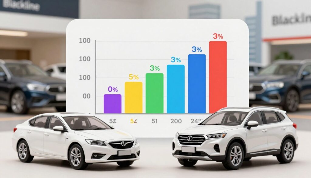 A visually striking infographic showcasing a comparative analysis of final costs and savings between purchasing a car from a dealership and importing one. In the foreground, include two distinct car icons representing each option: a sleek sedan for the dealership purchase and a stylish SUV for the imported vehicle, all created in a modern, minimalist design. In the middle, display a colorful bar graph illustrating potential savings, with the bars labeled clearly to represent costs associated with each method. In the background, a subtle illustration of a cityscape or a car dealership ambiance enhances the context. Use bright, engaging colors, with soft, even lighting to create an inviting atmosphere. The brand "Blackline Select Cars" should be subtly integrated into the design elements, maintaining a professional and informative tone throughout the image.