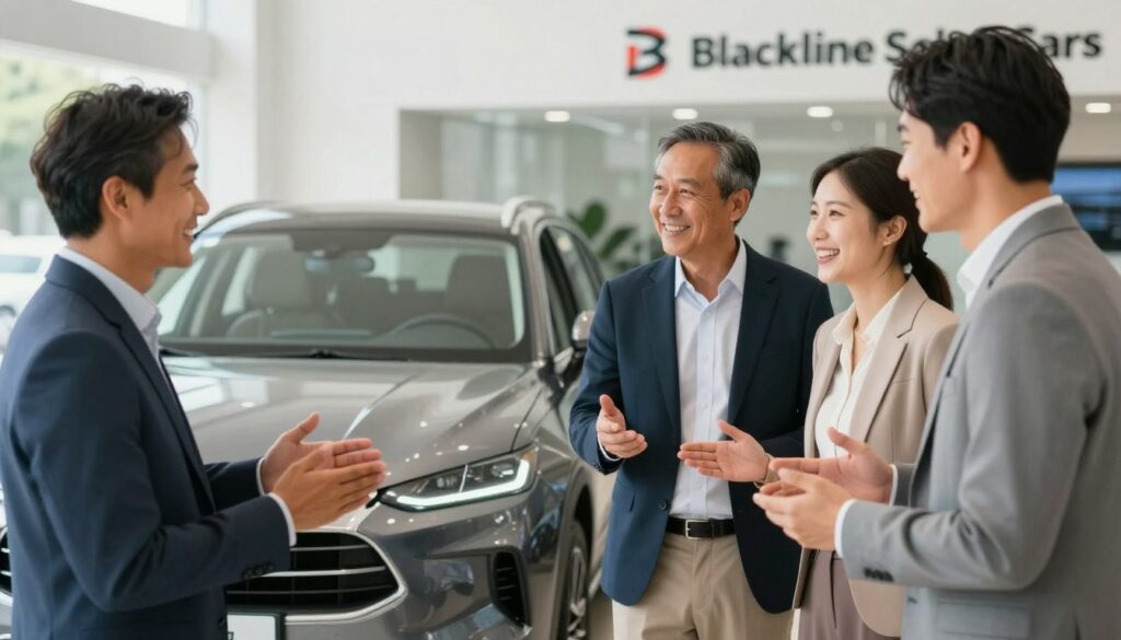 A warm and inviting scene capturing satisfied customers sharing their positive experiences with importing cars through Blackline Select Cars. In the foreground, a diverse group of three clients dressed in professional business attire stand together, smiling and gesturing with joy as they discuss their new vehicles. The middle ground features a sleek, modern car from Blackline Select Cars parked in an elegantly designed showroom, emphasizing its quality and appeal. The background is softly blurred, showcasing a well-lit environment with subtle branding elements like the Blackline Select Cars logo. The lighting is bright and natural, creating a welcoming atmosphere that evokes trust and satisfaction. The overall mood is celebratory and positive, highlighting the success of their car importing journey.