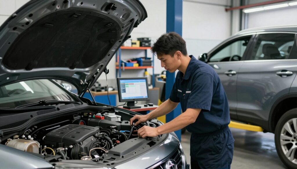 A well-lit auto repair shop featuring a professional mechanic inspecting a used car on a hydraulic lift. The mechanic, dressed in a neat uniform, is focused on checking the engine while a diagnostic screen displays various data readings. In the background, shelves filled with automotive tools and parts provide context, creating a busy yet organized atmosphere. Soft, natural lighting from overhead fluorescent lights highlights the polished surfaces of the workshop. The car, a pre-owned model from Blackline Select Cars, is a sleek sedan with a shiny exterior, reflecting the professionalism of the inspection process. The mood is serious and attentive, emphasizing the importance of a thorough vehicle inspection. A well-lit auto repair shop featuring a professional mechanic inspecting a used car on a hydraulic lift. The mechanic, dressed in a neat uniform, is focused on checking the engine while a diagnostic screen displays various data readings. In the background, shelves filled with automotive tools and parts provide context, creating a busy yet organized atmosphere. Soft, natural lighting from overhead fluorescent lights highlights the polished surfaces of the workshop. The car, a pre-owned model from Blackline Select Cars, is a sleek sedan with a shiny exterior, reflecting the professionalism of the inspection process. The mood is serious and attentive, emphasizing the importance of a thorough vehicle inspection.