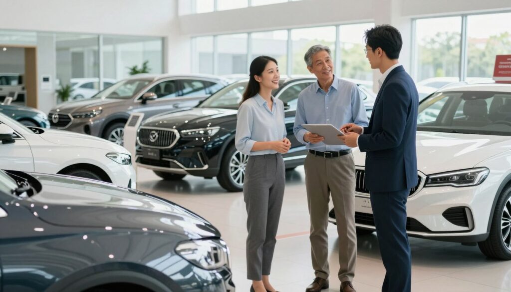 A well-lit car dealership interior showcasing a sleek array of new cars available at Blackline Select Cars. In the foreground, a friendly, professional sales representative in business attire engages with a couple, discussing the benefits of purchasing a car from a dealership. The couple appears interested and excited, reflecting a positive buying atmosphere. In the middle ground, various models of cars are displayed prominently with polished exteriors that gleam under bright, natural lighting. In the background, large windows let in daylight, creating an open and welcoming ambiance. The mood is optimistic and inviting, emphasizing the advantages of convenience, reliability, and customer support when buying at a dealership. The angle captures the dealership's spacious layout, enhancing the sense of a professional yet approachable environment.