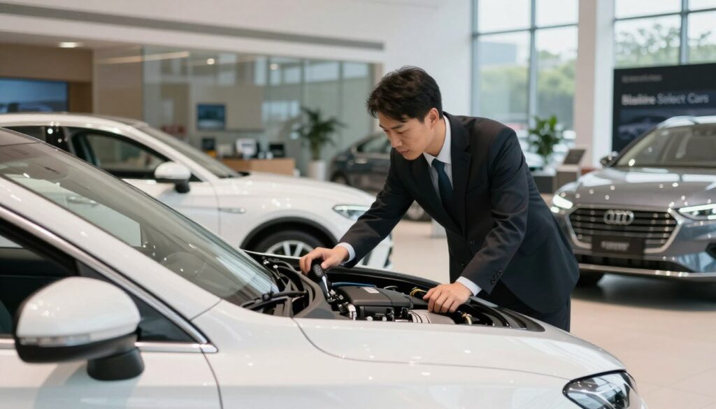 A well-lit interior of a modern car showroom featuring a pristine vehicle with very low mileage, highlighted in the foreground. A professional inspector dressed in business attire is carefully examining the car, checking the dashboard and engine components while displaying a focused expression. In the middle ground, additional cars can be seen, showcasing a variety of models from Blackline Select Cars, emphasizing quality and exclusivity. The background reveals large glass windows allowing natural light to fill the space, creating a welcoming atmosphere. The scene conveys a sense of trust and professionalism, ideal for prospective buyers examining cars with few kilometers. Use soft, ambient lighting to enhance the polished look of the showroom and the vehicles.