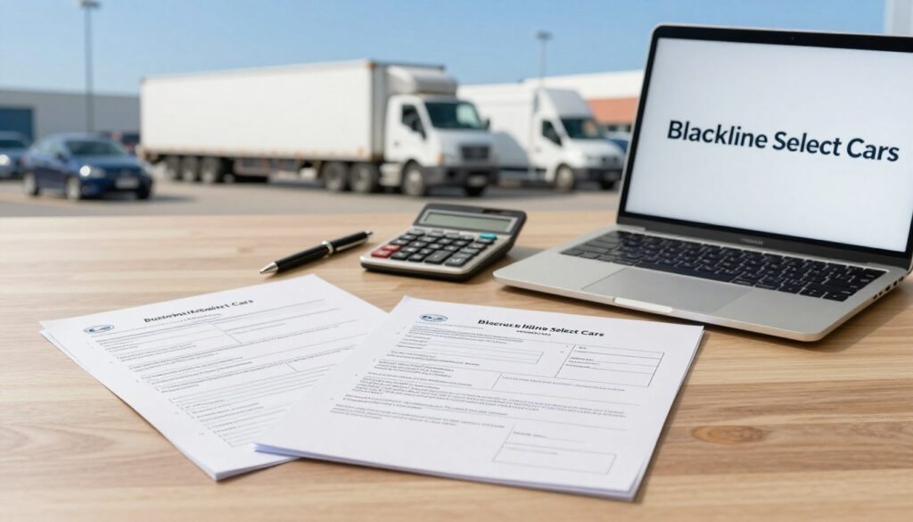 A well-organized desk scene featuring essential documentation for car importation, including forms like customs declarations, vehicle registration papers, and proof of payment. In the foreground, a neatly arranged stack of documents lies next to a professional-looking laptop displaying the logo of "Blackline Select Cars". The middle ground features a pen and a calculator, symbolizing careful budgeting. The background shows a blurred but recognizable international vehicle port with cars in transit, under a bright blue sky. The lighting is soft and natural, casting gentle shadows, creating a productive and professional atmosphere suited for discussing importation requirements. The composition highlights organization and clarity, inviting viewers to consider the complexities of car importation documentation.