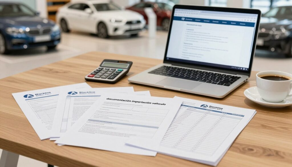 A well-organized desk scene for "documentación importación vehículo" featuring a professional workspace. In the foreground, a neatly arranged stack of import paperwork with a prominent "Blackline Select Cars" logo, including vehicle registration forms, customs documents, and a checklist. In the middle ground, a laptop displaying a detailed import guide on the screen, a calculator, and a cup of coffee to suggest a busy, focused atmosphere. In the background, a blurred view of a car showroom with elegant vehicles on display, adding context to the import process. The lighting is bright and warm, creating an inviting, professional ambiance. The camera angle is slightly elevated, offering a comprehensive view of the workspace conducive to vehicle importation.
