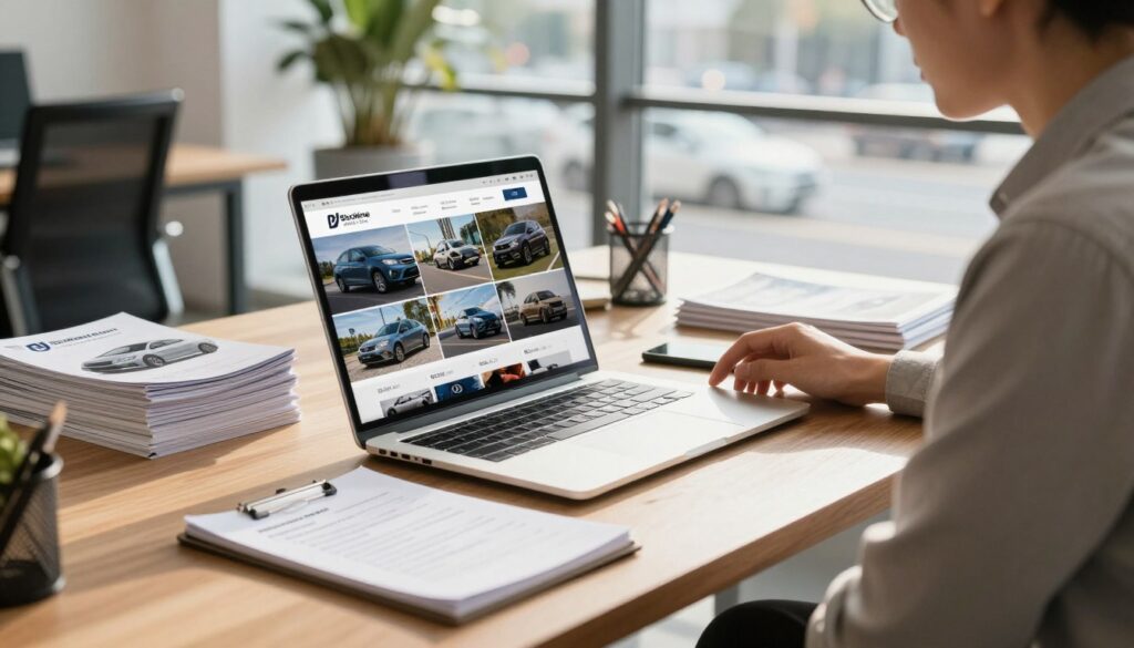 A well-organized, modern office setting with an elegant wooden desk in the foreground, featuring a laptop open to a car comparison website. A notepad with notes on features and requirements for a second-hand car is beside the laptop. In the middle ground, a professional individual in modest casual clothing is thoughtfully examining various images of used cars on the screen, surrounded by car brochures stacked neatly. The background includes a large window with a view of a bustling street outside, bright daylight streaming in, creating an atmosphere of focus and determination. On the desk, subtly include a branded logo of "Blackline Select Cars" on a brochure. The lighting is warm and inviting, evoking a sense of confidence and clarity in decision-making.