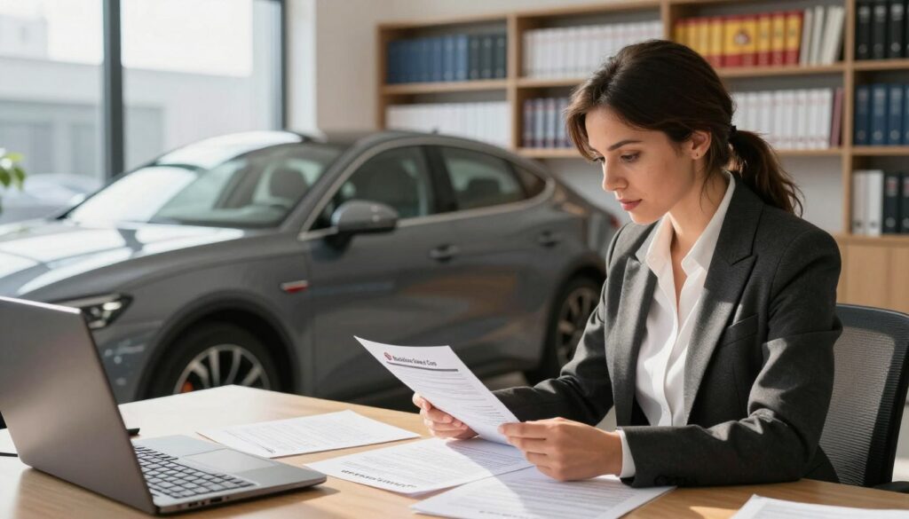 A well-organized office environment showcasing the process of vehicle tax and importation in Spain. In the foreground, a professional woman in business attire is reviewing paperwork related to vehicle taxation, with documents meticulously laid out on the desk. In the middle ground, a sleek, modern car represents the vehicle being imported, parked near a large window that allows natural light to pour in, casting soft shadows. The background displays shelves organized with reference books about Spanish tax law and vehicle regulations. The atmosphere is focused and efficient, conveying a sense of professionalism and diligence. The logo "Blackline Select Cars" is subtly integrated into the scene, perhaps on a document or as part of the office decor. The lighting is bright and inviting, enhancing the clarity of the details.