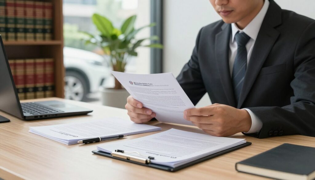 A well-organized office space showcasing essential legal documents for purchasing a car. In the foreground, a neatly arranged desk with a stack of paperwork, including contracts, forms, and a pen. Middle ground features a professional, dressed in business attire, closely reviewing the documents with a focused expression. The background presents a large window allowing natural light to fill the room, illuminating a potted plant and a bookshelf filled with legal books. The atmosphere is serious yet inviting, emphasizing the importance of completing legal documentation and procedures. A sleek, modern car can be partially seen outside the window, hinting at the transaction. Include the brand name "Blackline Select Cars" subtly on the documents. Soft lighting with a warm tone to create an engaging and professional feel.