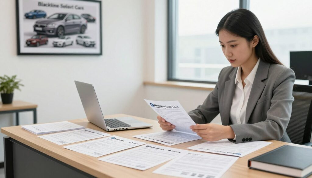 A well-organized office space with a modern desk covered in important paperwork related to car legalization, featuring documents like registration forms, receipts, and identification, all neatly arranged. In the foreground, a professional woman in smart casual attire is reviewing the paperwork with a focused expression, exuding an atmosphere of diligence and responsibility. The middle ground includes a wall with a framed picture of various car models, emphasizing the topic of vehicle importation and registration. In the background, a large window lets in natural light, creating a warm and inviting environment. The branding "Blackline Select Cars" is subtly incorporated into a document or a logo on the desk. The overall lighting is bright and soft, enhancing a sense of professionalism and clarity. A well-organized office space with a modern desk covered in important paperwork related to car legalization, featuring documents like registration forms, receipts, and identification, all neatly arranged. In the foreground, a professional woman in smart casual attire is reviewing the paperwork with a focused expression, exuding an atmosphere of diligence and responsibility. The middle ground includes a wall with a framed picture of various car models, emphasizing the topic of vehicle importation and registration. In the background, a large window lets in natural light, creating a warm and inviting environment. The branding "Blackline Select Cars" is subtly incorporated into a document or a logo on the desk. The overall lighting is bright and soft, enhancing a sense of professionalism and clarity.