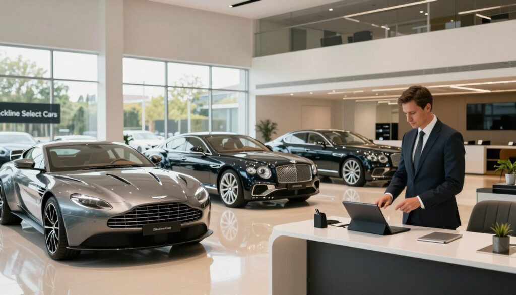 An elegant luxury car showroom featuring high-end vehicles like a sleek Aston Martin and a luxurious Bentley. In the foreground, a sophisticated business professional in smart attire stands by a stylish desk, reviewing financing options on a tablet. The middle ground showcases a variety of premium cars beautifully lit with soft, ambient lighting, casting reflections on the polished floor. In the background, large glass windows reveal a sunny day, enhancing the mood of aspiration and prosperity. The overall atmosphere is one of exclusivity and professionalism, signifying the importance of tailored financing for luxury vehicles. The brand "Blackline Select Cars" is subtly incorporated into the elegant interior design elements. A balanced composition with a slight upward angle highlights the grandeur of the space.