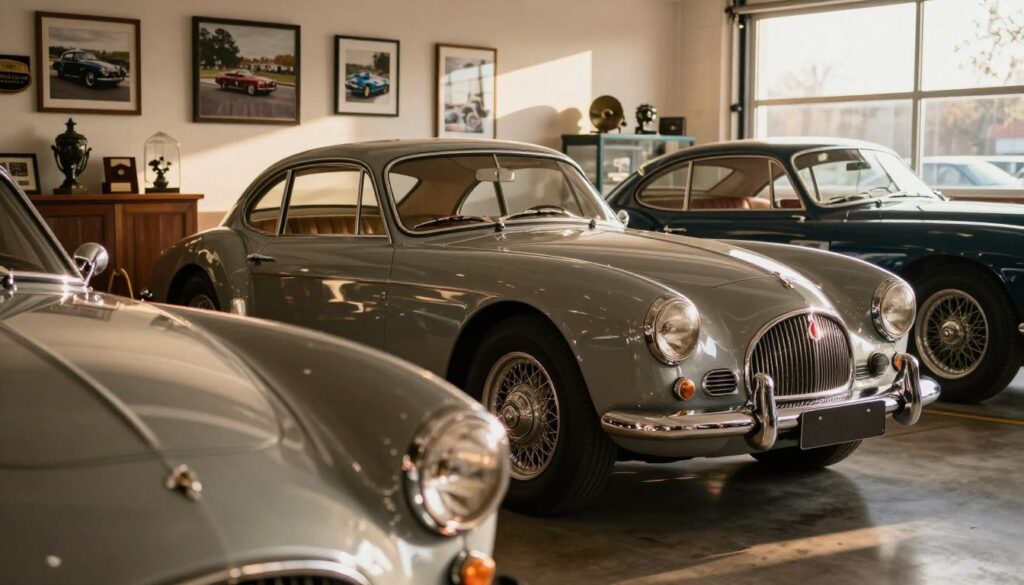 An elegant vintage car parked in a sunlit, high-end garage, showcasing its polished curves and classic design. In the foreground, a close-up of the sleek headlights reflects the ambient light, while the middle ground features the entire car surrounded by tasteful decor—framed photographs of classic car events and stylish automotive memorabilia. In the background, soft shadows hint at more vintage vehicles, suggesting a garage museum atmosphere. The lighting is warm and inviting, with golden hour sunlight streaming through large windows, creating a nostalgic feel. The mood is one of sophistication and exclusivity, embodying the essence of luxury investments in classic cars. Prominently include a subtle “Blackline Select Cars” logo on a wall fixture, ensuring it feels part of the environment without overpowering the scene. An elegant vintage car parked in a sunlit, high-end garage, showcasing its polished curves and classic design. In the foreground, a close-up of the sleek headlights reflects the ambient light, while the middle ground features the entire car surrounded by tasteful decor—framed photographs of classic car events and stylish automotive memorabilia. In the background, soft shadows hint at more vintage vehicles, suggesting a garage museum atmosphere. The lighting is warm and inviting, with golden hour sunlight streaming through large windows, creating a nostalgic feel. The mood is one of sophistication and exclusivity, embodying the essence of luxury investments in classic cars. Prominently include a subtle “Blackline Select Cars” logo on a wall fixture, ensuring it feels part of the environment without overpowering the scene.