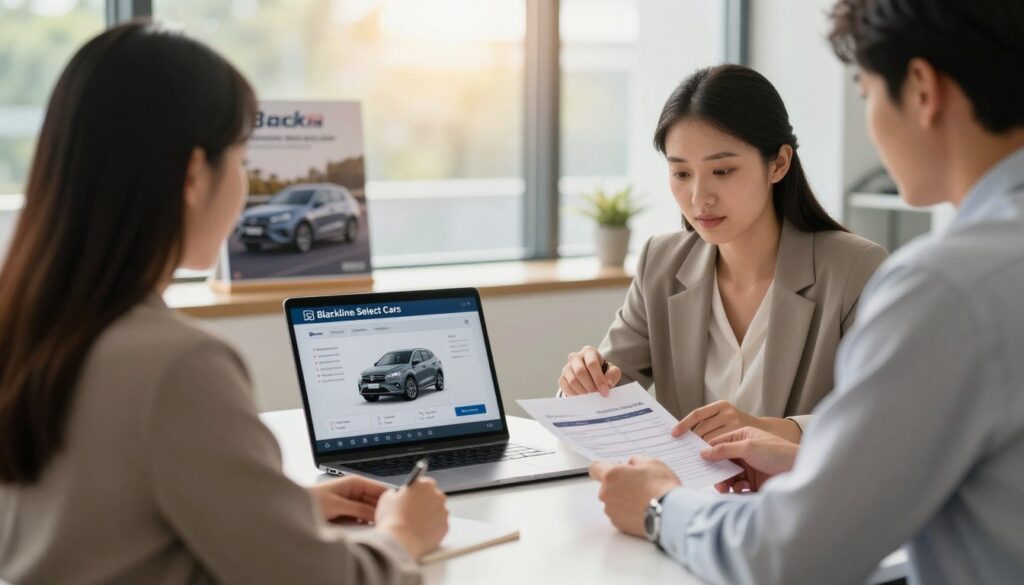 An inviting office space featuring a financial advisor discussing car financing options with a couple. The foreground showcases a modern desk with a laptop displaying a car financing simulation interface from "Blackline Select Cars". The couple, dressed in modest business attire, attentively reviews a car budget plan printed on paper. In the middle ground, a large window filters warm, natural light into the room, creating a welcoming atmosphere. The background reveals a sophisticated car brochure display, emphasizing the connection to vehicle purchasing. The scene captures a sense of professionalism, trust, and clarity, illustrating the theme of defining a budget and payment method for car financing. Use a soft focus lens effect to enhance warmth and approachability in the image. An inviting office space featuring a financial advisor discussing car financing options with a couple. The foreground showcases a modern desk with a laptop displaying a car financing simulation interface from "Blackline Select Cars". The couple, dressed in modest business attire, attentively reviews a car budget plan printed on paper. In the middle ground, a large window filters warm, natural light into the room, creating a welcoming atmosphere. The background reveals a sophisticated car brochure display, emphasizing the connection to vehicle purchasing. The scene captures a sense of professionalism, trust, and clarity, illustrating the theme of defining a budget and payment method for car financing. Use a soft focus lens effect to enhance warmth and approachability in the image.