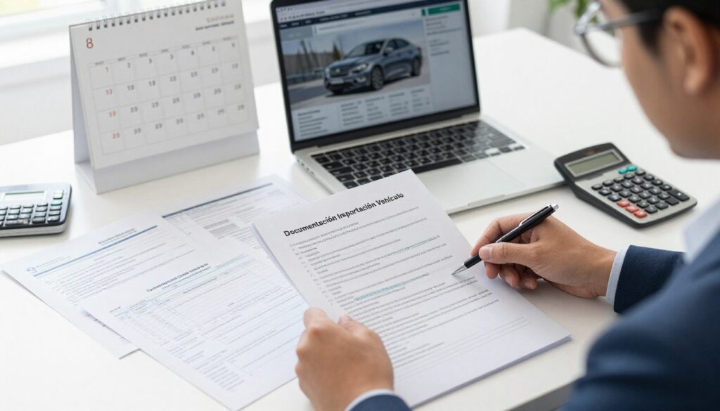 An organized desk scene featuring essential documentation for importing a vehicle, prominently displaying a folder labeled "Documentación Importación Vehículo" along with various forms, such as customs papers, tax forms, and import permits. In the foreground, a professional individual in business attire is reviewing the documents, looking focused and determined. The middle ground shows a laptop open to a webpage about vehicle importation, while a calculator and pen lie nearby. The background includes a calendar marked with important dates related to the import process. Soft, natural light filters through a window, casting gentle shadows that create a bright, clear atmosphere. The logo of "Blackline Select Cars" is subtly included on a document.