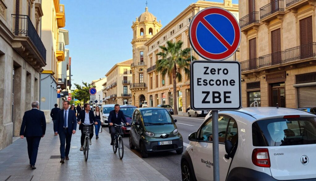 An urban scene depicting the vibrant streets of Palma de Mallorca, showcasing distinct traffic regulations and signage related to the city's Zero Emission Zone (ZBE). In the foreground, an electric vehicle from Blackline Select Cars is parked beside prominently displayed traffic signs that outline the local circulation rules. The middle layer features the bustling street with pedestrians dressed in professional attire, navigating safely around bicycles and small commercial vehicles. In the background, traditional Palma architecture contrasts with modern street elements, under a clear blue sky. Soft morning sunlight casts natural warmth over the scene, giving it an inviting and informative atmosphere. The perspective is slightly elevated to encompass the urban landscape while maintaining focus on the traffic regulations.