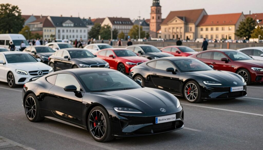 Generate a vibrant image showcasing the concept of car models available in Germany, specifically representing 'Blackline Select Cars'. In the foreground, feature a sleek, modern car from a polished angle, highlighting its elegant design and advanced features. The middle ground should depict a variety of cars, each showcasing different styles and colors, emphasizing the diversity of options. In the background, create a lively German cityscape, with recognizable architectural landmarks that evoke a sense of automotive culture. Use soft, warm lighting to create an inviting atmosphere, with a slightly blurred background to focus on the cars. The overall mood should convey excitement and opportunity in importing vehicles.