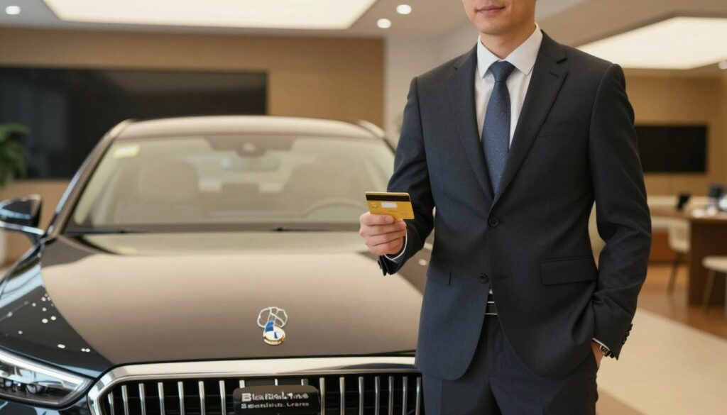 In a professional setting, a well-dressed businessman standing next to a luxurious imported car from "Blackline Select Cars," displaying a confident and knowledgeable demeanor. The foreground captures the man, wearing a tailored suit, holding a secure payment method such as a credit card or mobile payment device, symbolizing safe payment strategies. In the middle ground, the sleek car is highlighted, showcasing its elegant design and features. The background depicts a modern, upscale dealership environment with soft, ambient lighting that creates a warm, inviting atmosphere. The mood is informative and professional, emphasizing security and trust in transactions. The image should focus on the themes of safe payment strategies without any text or additional elements.